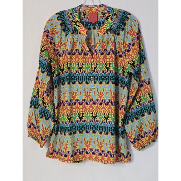 Tracy Negoshian Multicolor Split Neck Long Sleeve Aztec Pattern Banded Cuff Top - Picture 1 of 6